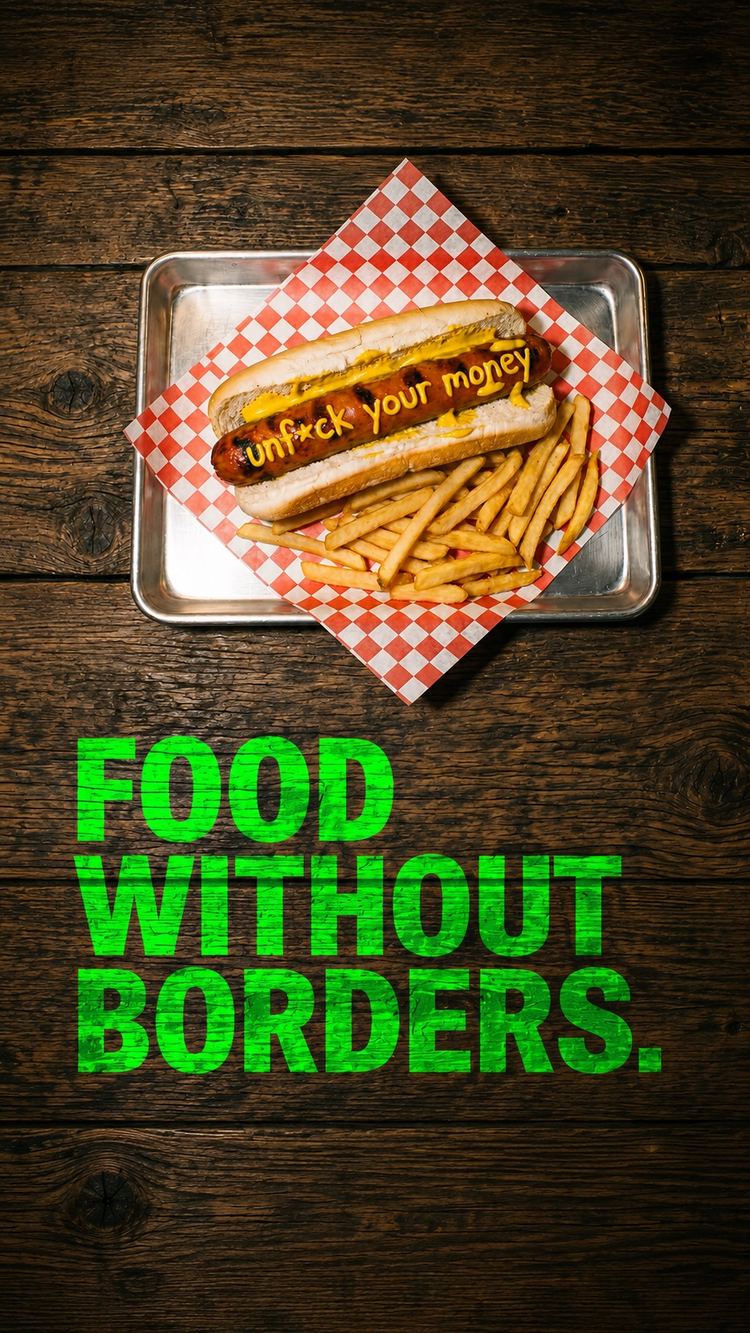 Hot dog and fries on a tray over a wooden table, under the words Food without borders