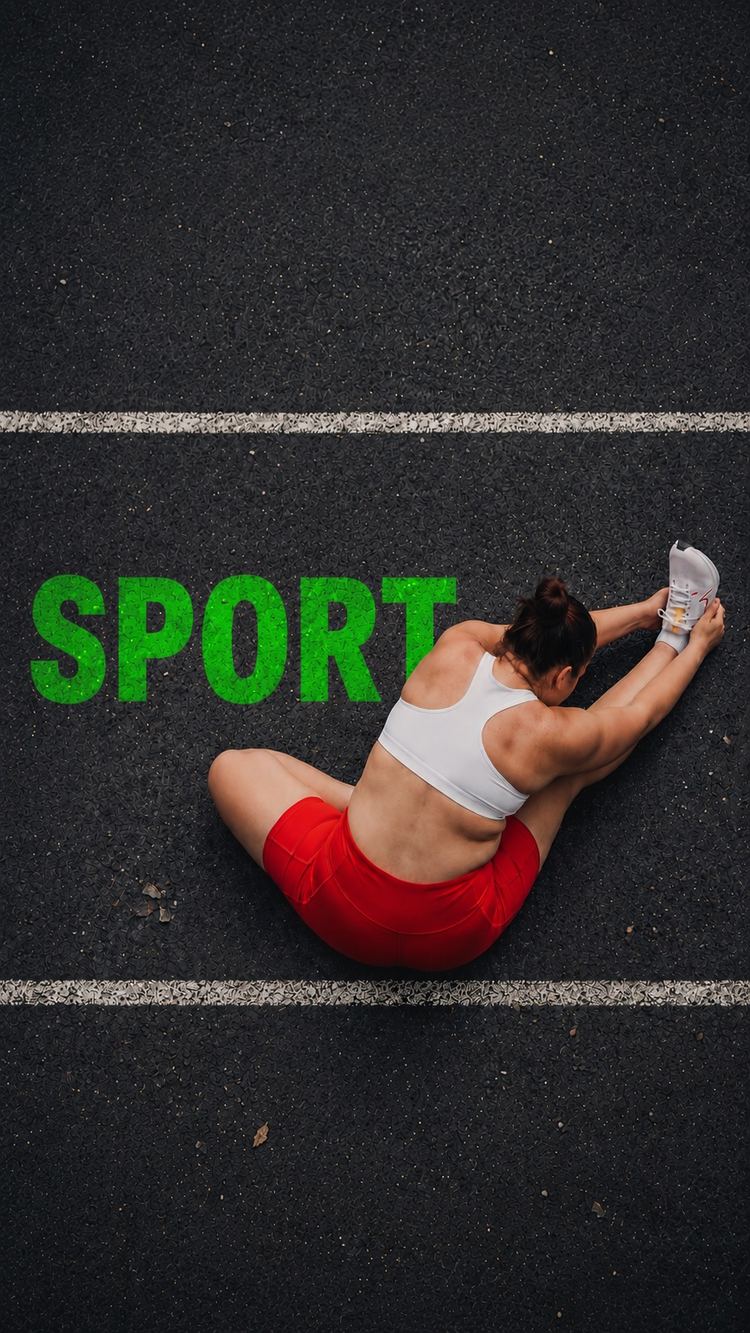 Athlete stretching on a running track with the word Sport painted across the lane