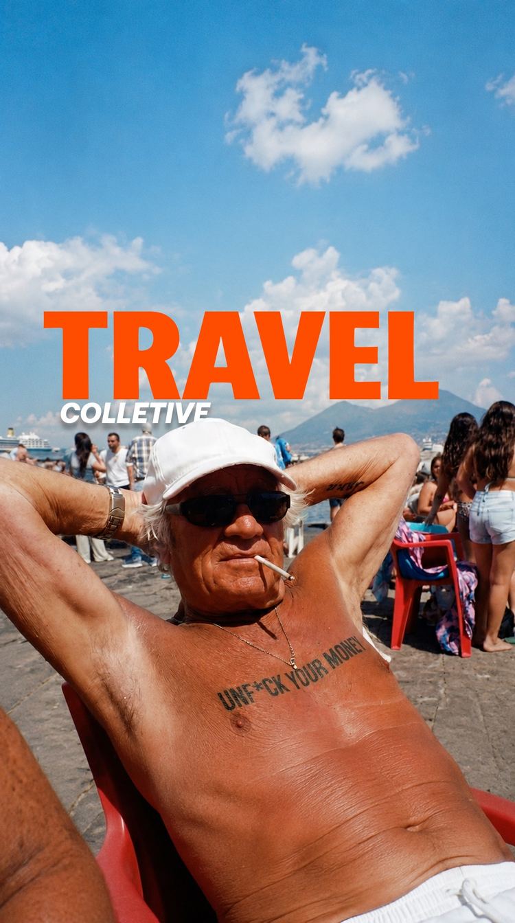 Traveller sunbathing by the sea under the words Travel Community